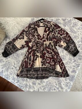Free People Paisley Print Tunic Dress/Blouse in Cream, Burgundy & Black